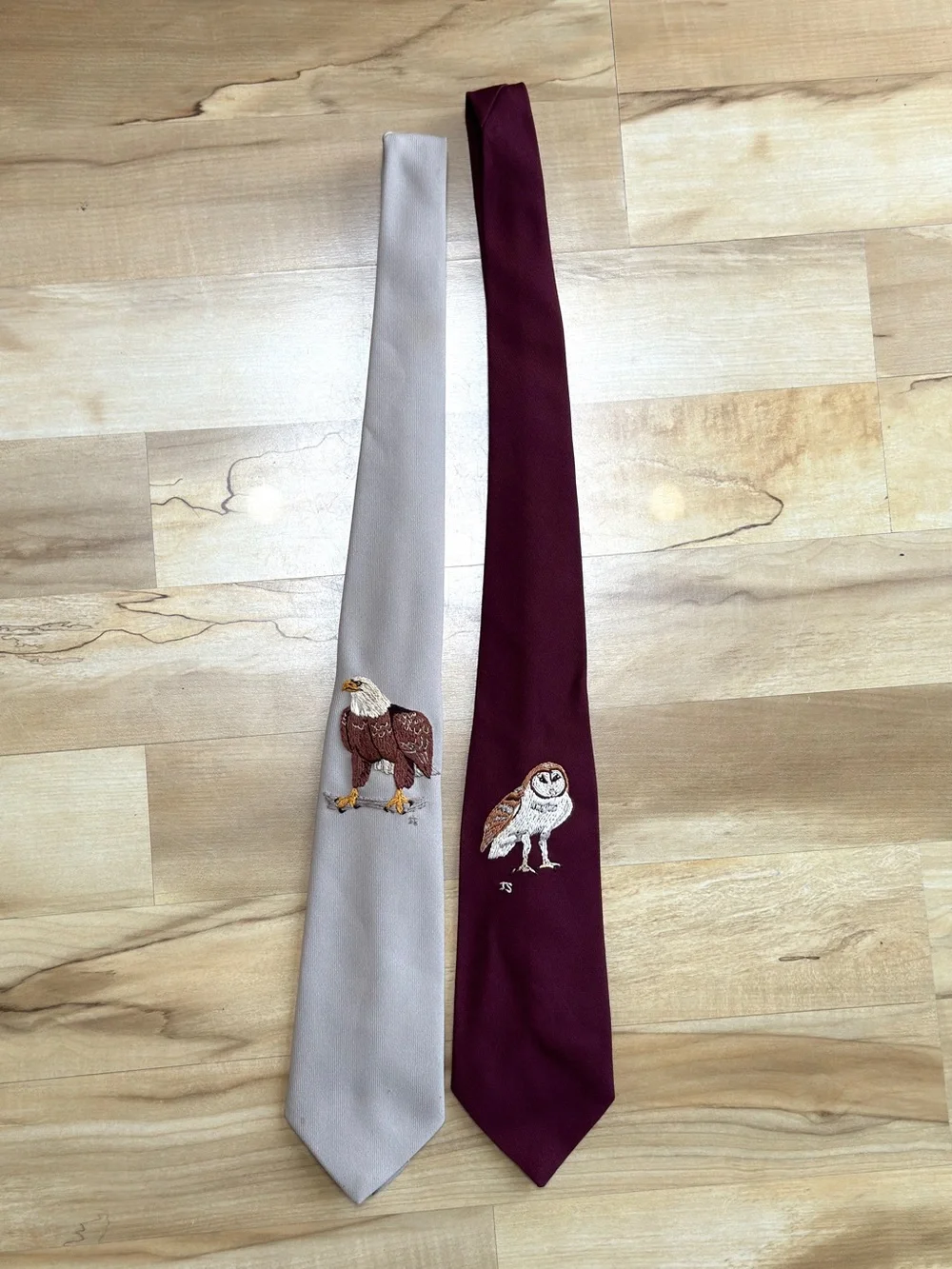 Vintage Bald Eagle & Barn Owl Neckties - hand embroidered OOAK - Picture 2 of 7
